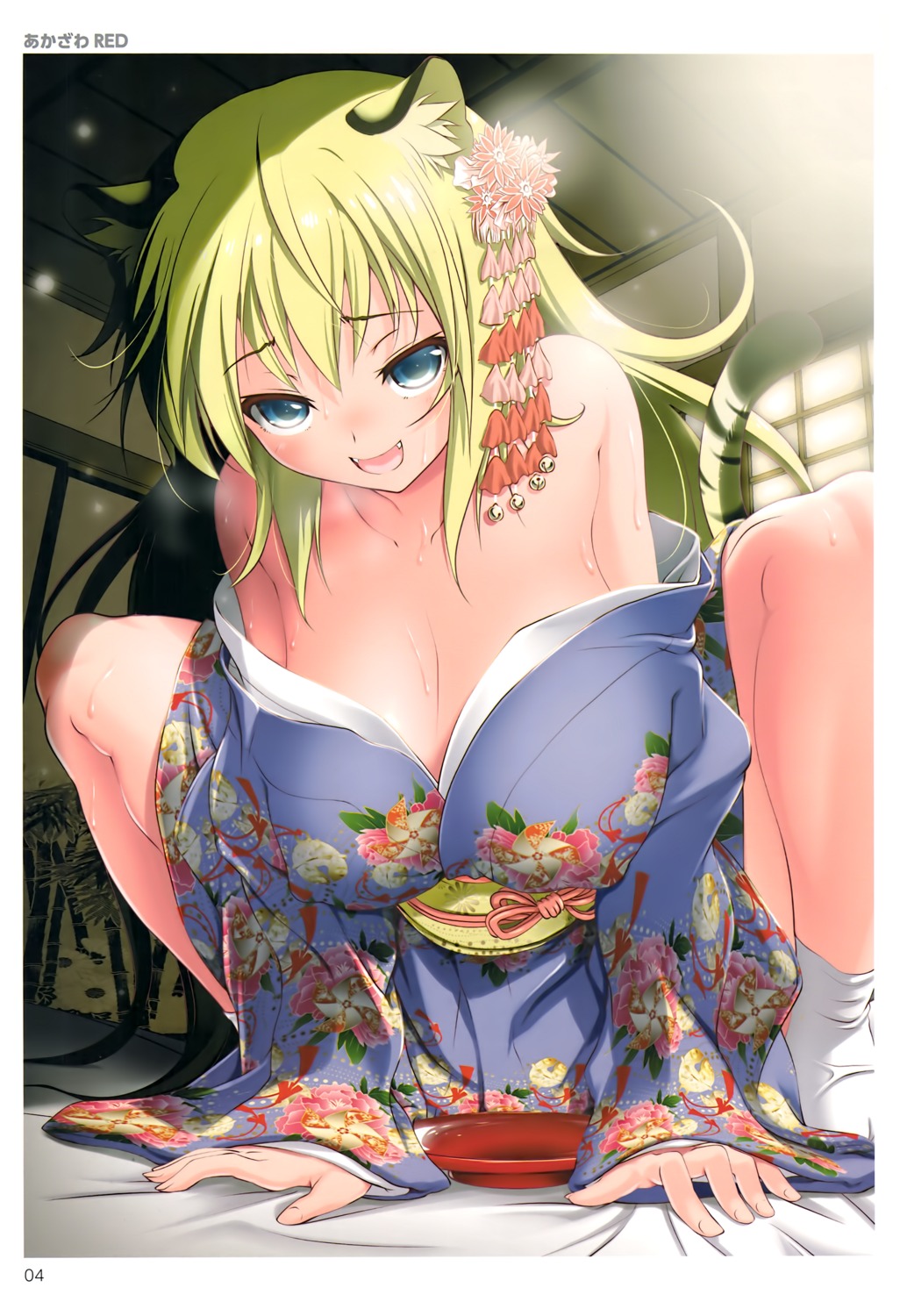 akazawa_red animal_ears cleavage kimono no_bra open_shirt tail toranoana