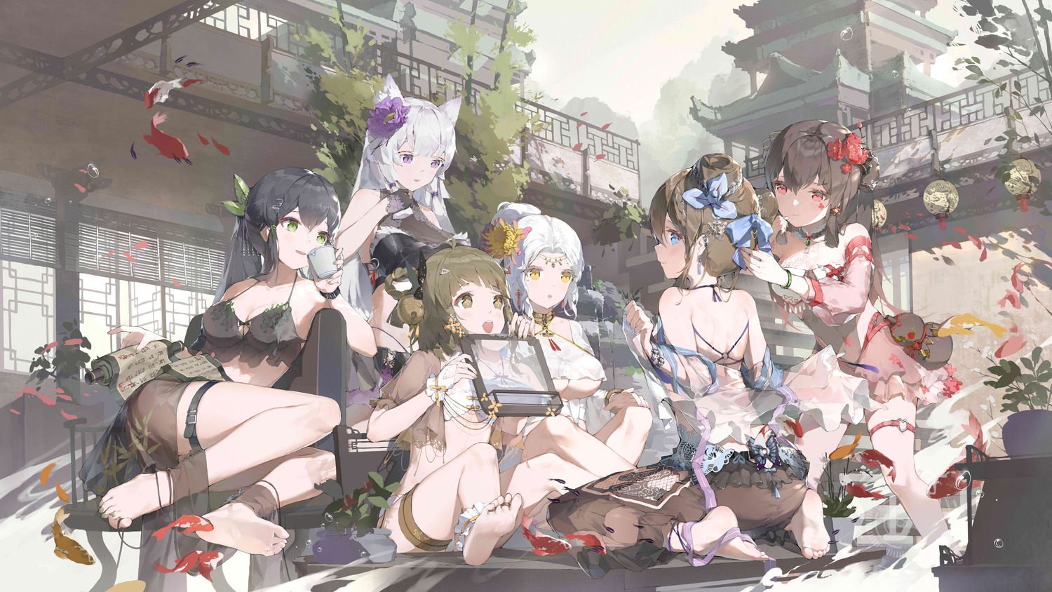 animal_ears asian_clothes ass bodhi_wushushenghua cleavage feet garter jpeg_artifacts lingerie no_bra see_through tattoo