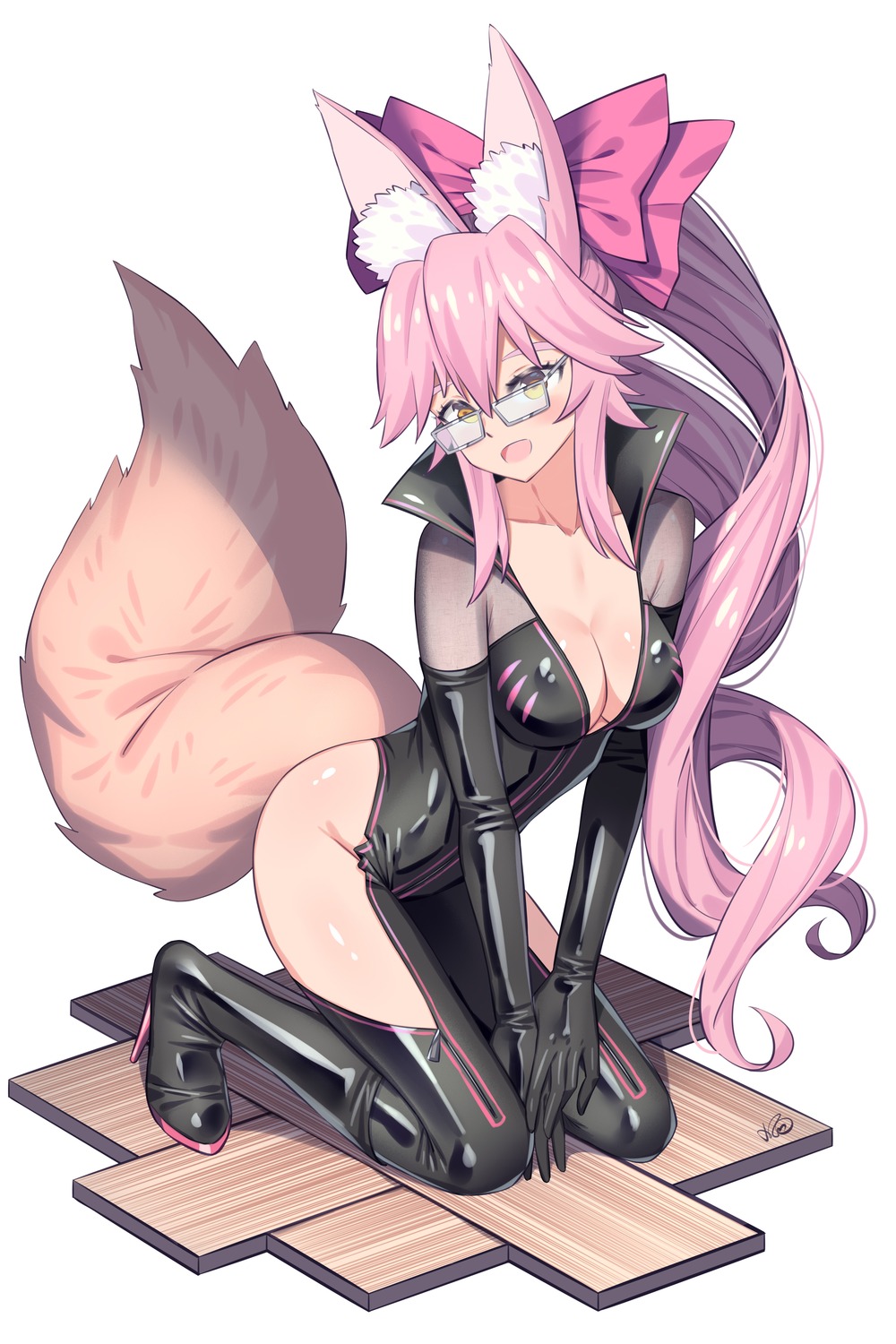 animal_ears bodysuit cleavage erect_nipples fate/grand_order heels kitsune konishi_(565112307) megane no_bra nopan open_shirt tail tamamo_vitch_koyanskaya