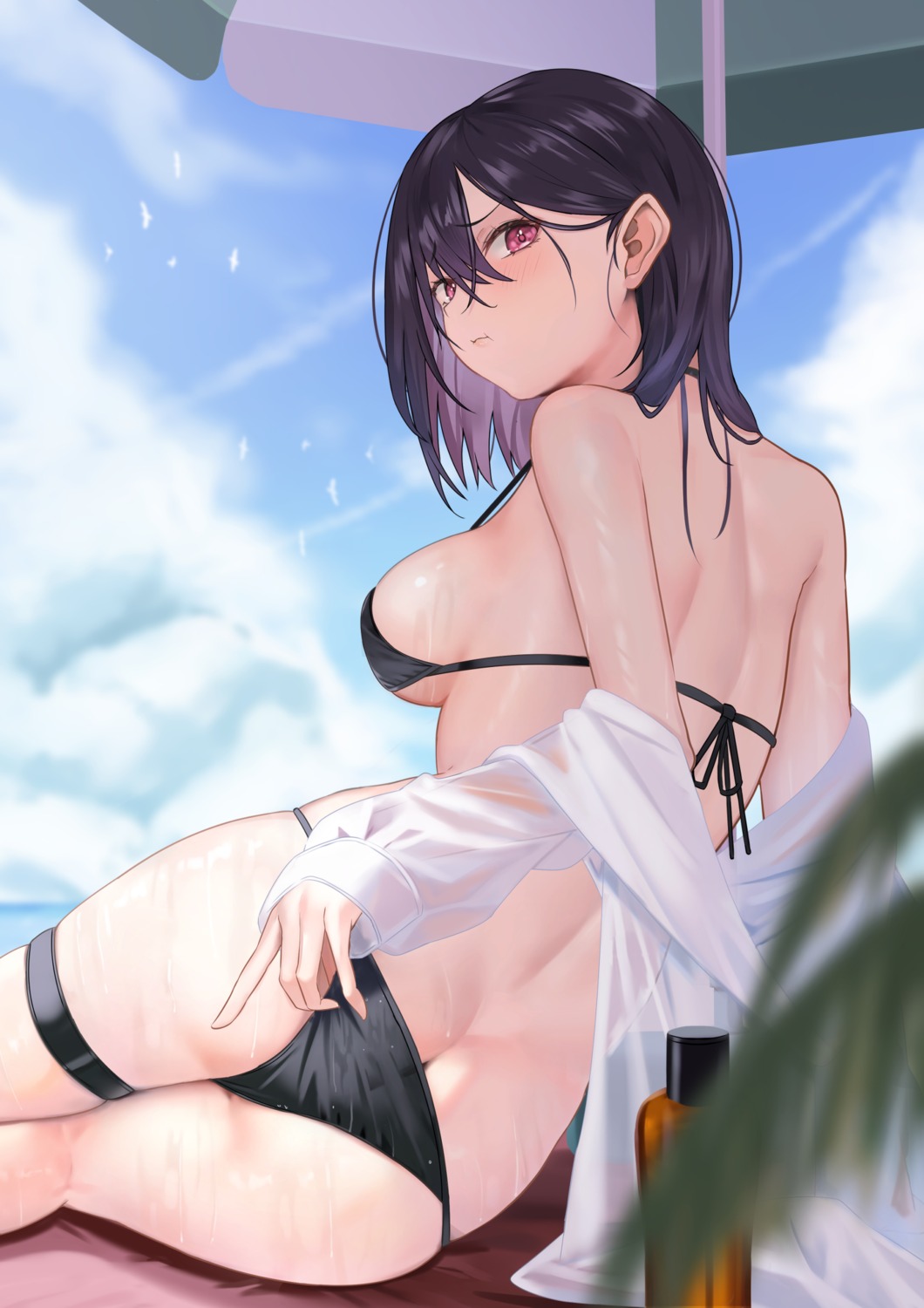 arenoyoni ass bikini dress_shirt garter open_shirt see_through swimsuits thong wet wet_clothes