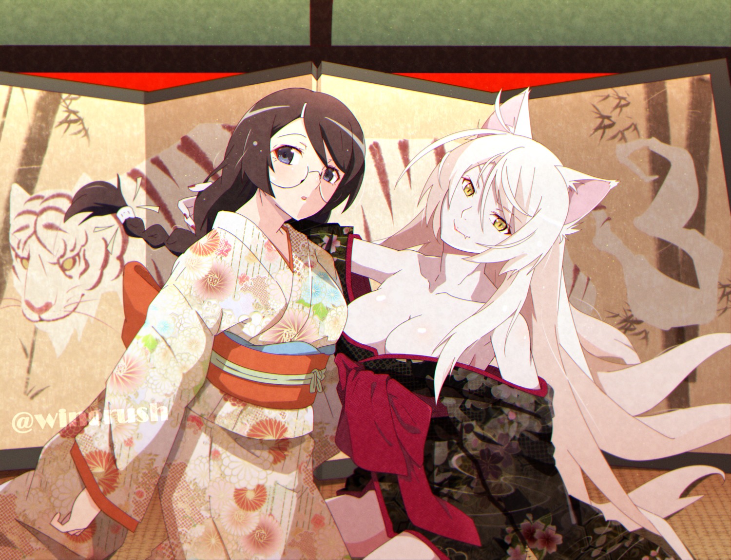 animal_ears bakemonogatari black_hanekawa fooring hanekawa_tsubasa kimono megane monogatari_(series) nekomimi nekomonogatari no_bra open_shirt watermark