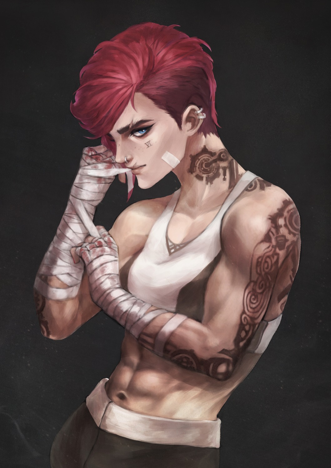 bandages gym_uniform league_of_legends monori_rogue tattoo vi_(league_of_legends)