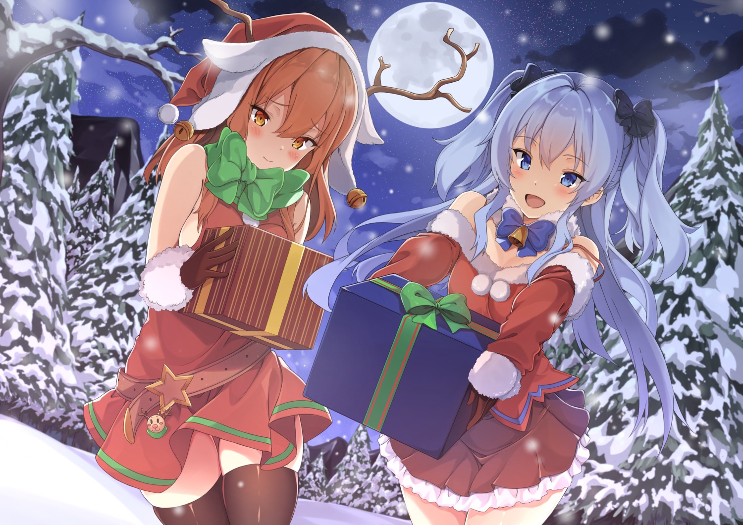 christmas cleavage dress horns kaosu_kun skirt_lift thighhighs