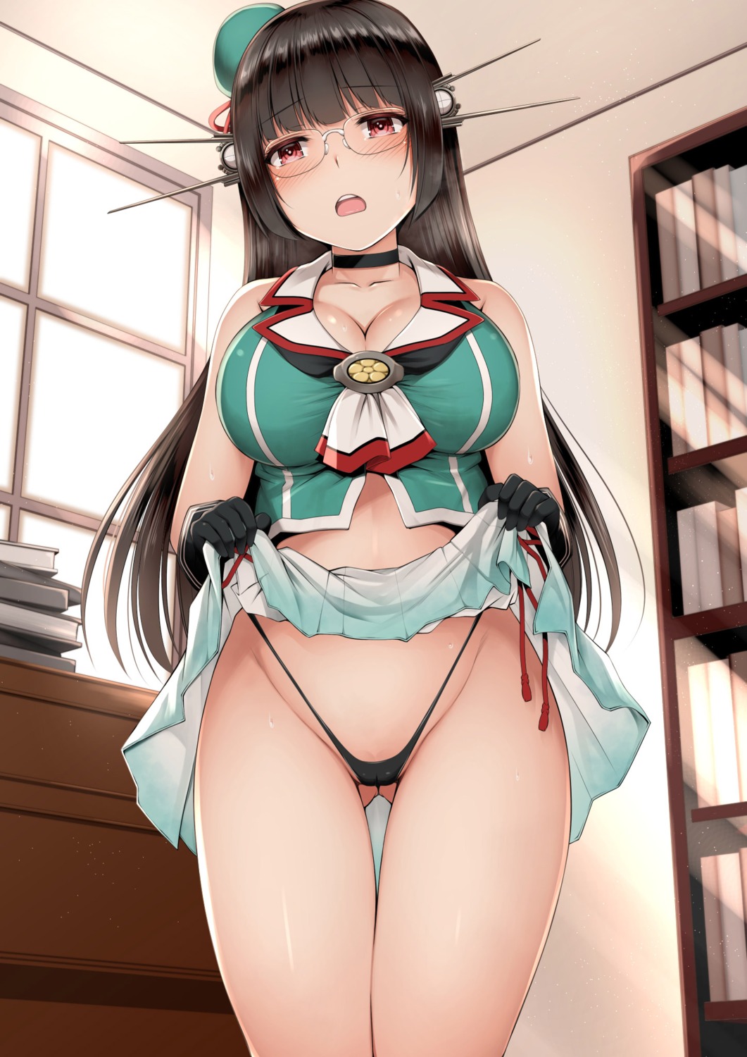 bikini cameltoe choukai_(kancolle) cleavage kantai_collection kuromayu megane skirt_lift swimsuits uniform