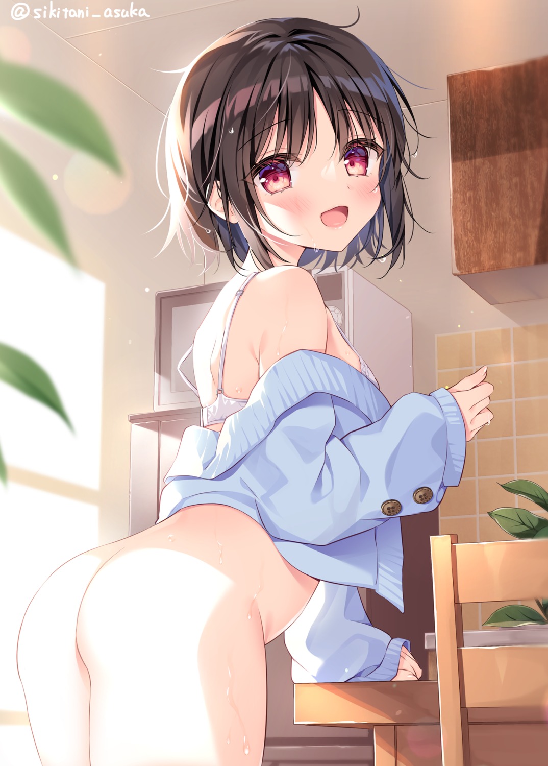 ass bottomless bra kiginu_yuu loli open_shirt shikitani_asuka sweater wet