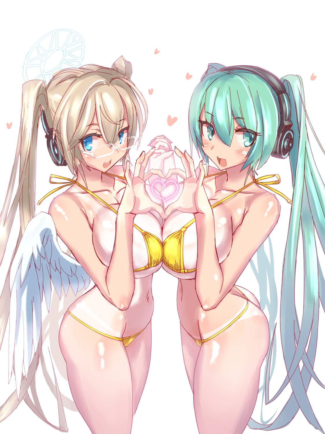 bikini hatsune_miku headphones megane serizawa_(knight2020) swimsuits symmetrical_docking tan_lines vocaloid