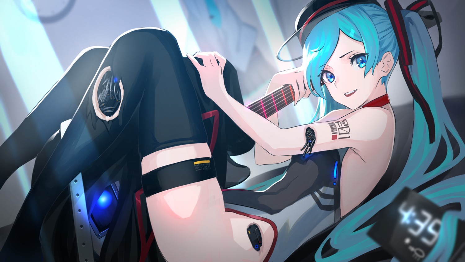 asagon007 garter guitar hatsune_miku leotard mecha_musume tattoo thighhighs torn_clothes vocaloid wallpaper