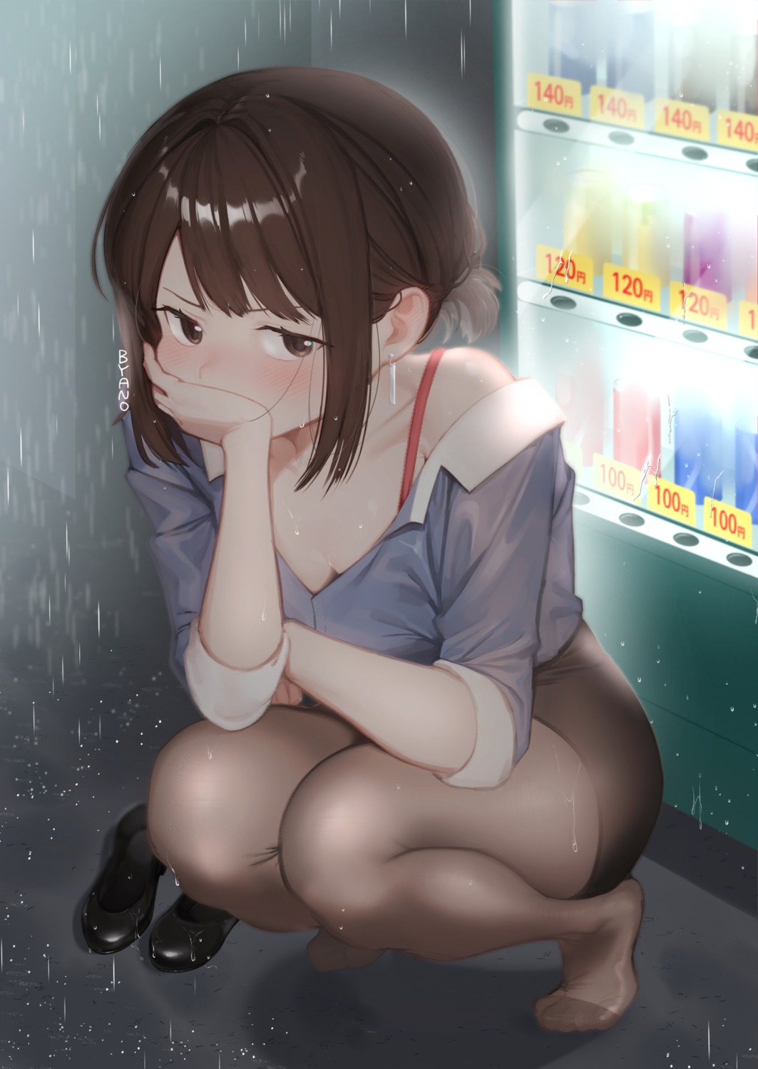 bra cleavage dress_shirt ganbare_douki-chan open_shirt pantyhose rubyaano_(ducl323) wet wet_clothes