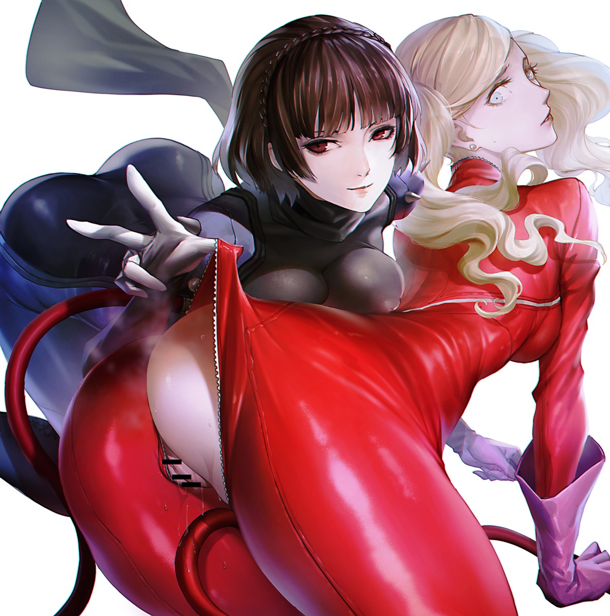 ass bodysuit censored glassjill niijima_makoto nipples no_bra nopan persona_5 pussy pussy_juice see_through takamaki_anne undressing yuri