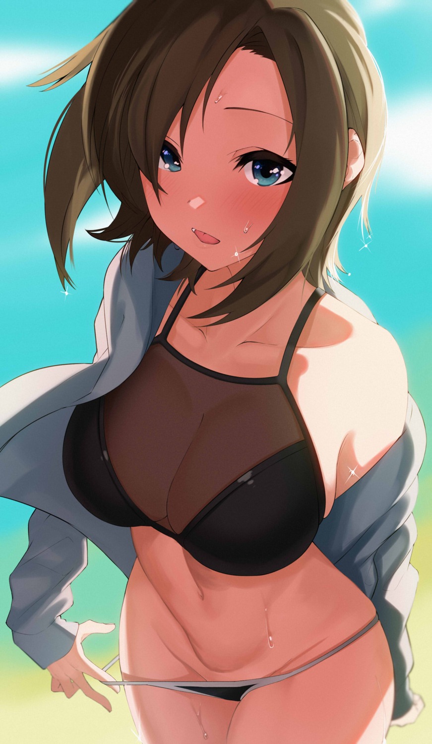 apple_(ygbhjdbiulsg) bikini open_shirt panty_pull see_through swimsuits tada_riina the_idolm@ster the_idolm@ster_cinderella_girls undressing