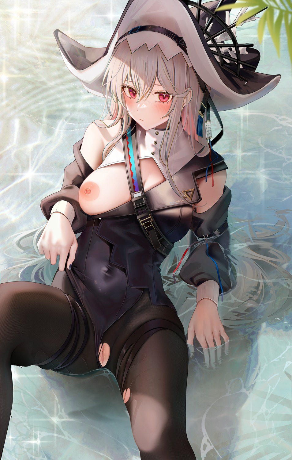 arknights breasts garter leotard nipples pantyhose pussy ru_zhai specter_(arknights) torn_clothes uncensored wet witch