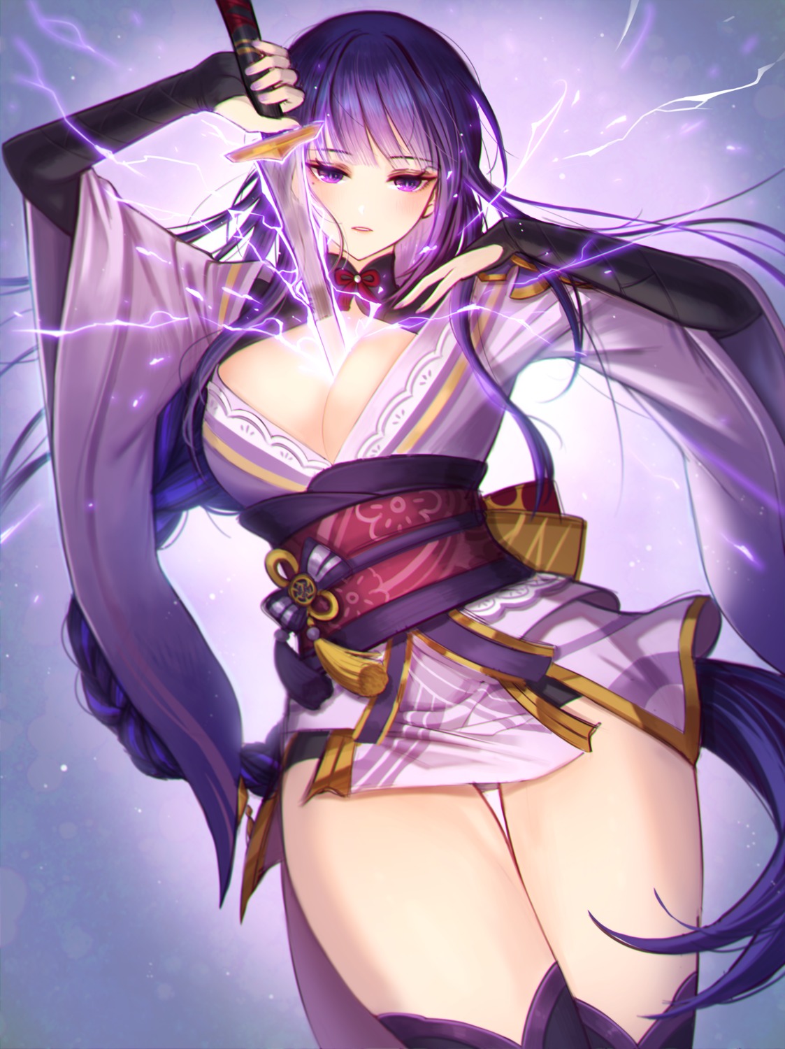 genshin_impact japanese_clothes no_bra open_shirt raiden_shogun raoul_(raoul77) skirt_lift sword thighhighs