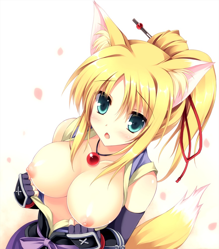 animal_ears breasts dog_days kitsune nipples no_bra open_shirt tail tateha yukikaze_panettone