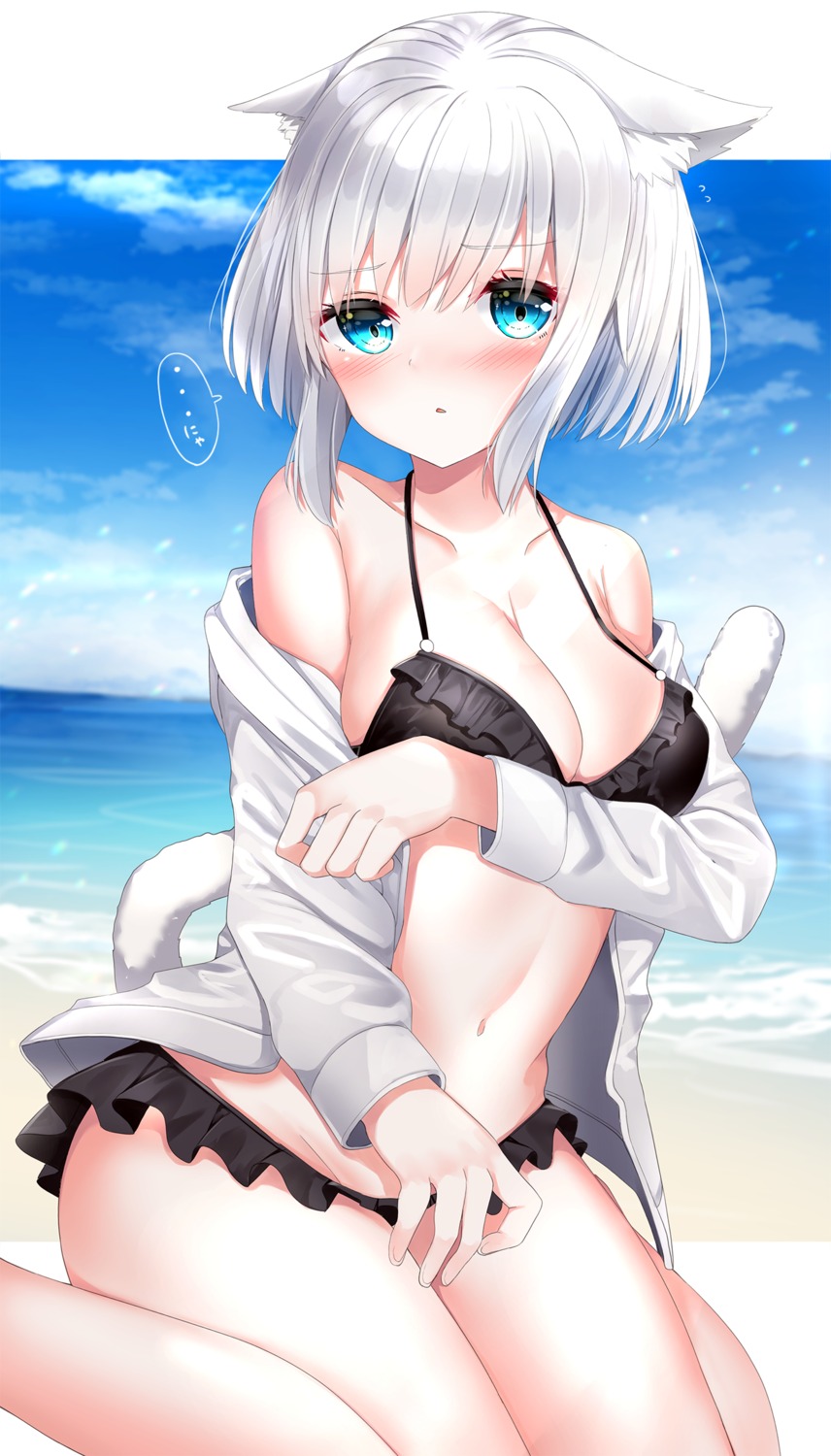 animal_ears bikini breast_hold cleavage neku_(neku_draw) open_shirt swimsuits tail