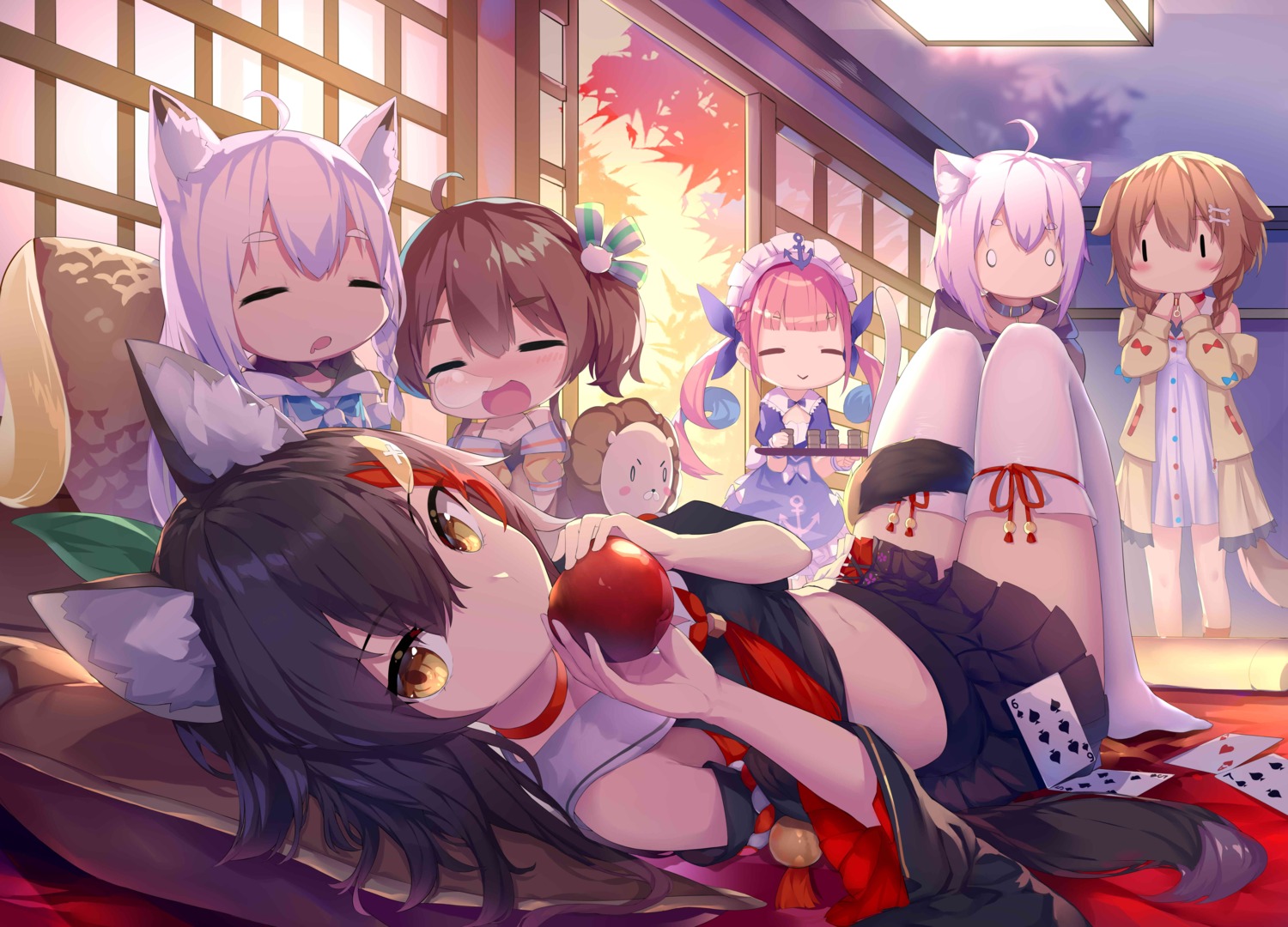 animal_ears dress hololive hololive_gamers inugami_korone inumimi kitsune maid minato_aqua natsuiro_matsuri nekomata_okayu nekomimi ookami_mio seifuku shirakami_fubuki skirt_lift tail thighhighs wawazi