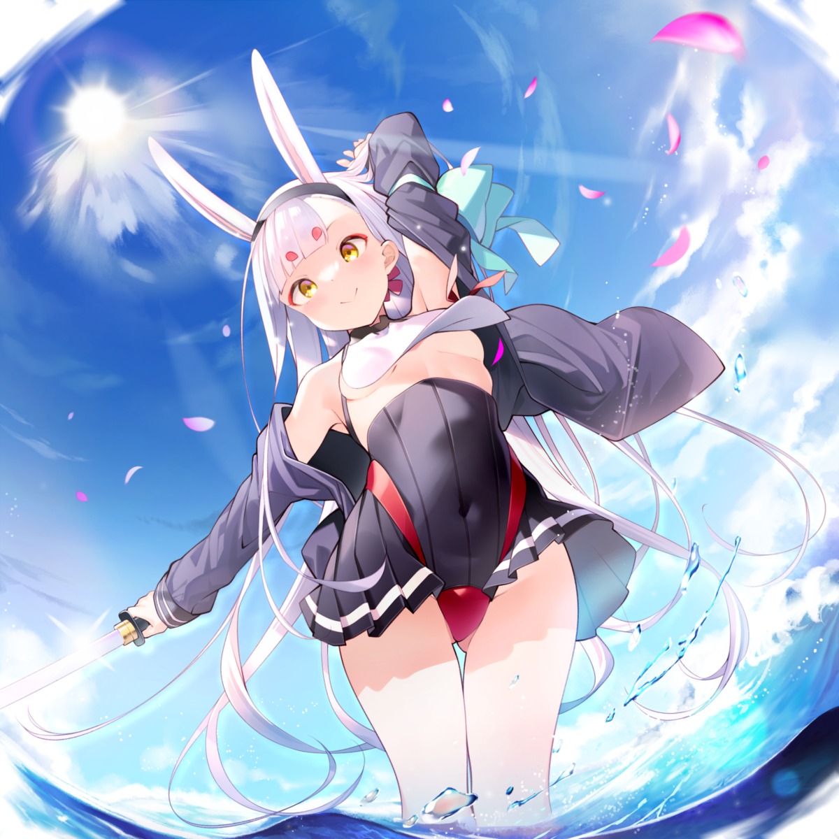 azur_lane business_suit nekomu no_bra pantsu shimakaze_(azur_lane) sword wet