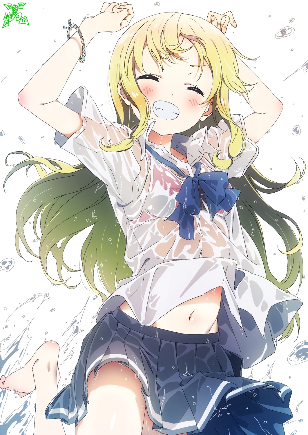 bra makicha see_through seifuku shirt_lift skirt_lift wet wet_clothes