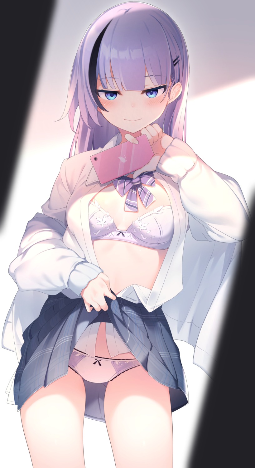 bra open_shirt otokuyou pantsu seifuku selfie skirt_lift sweater undressing