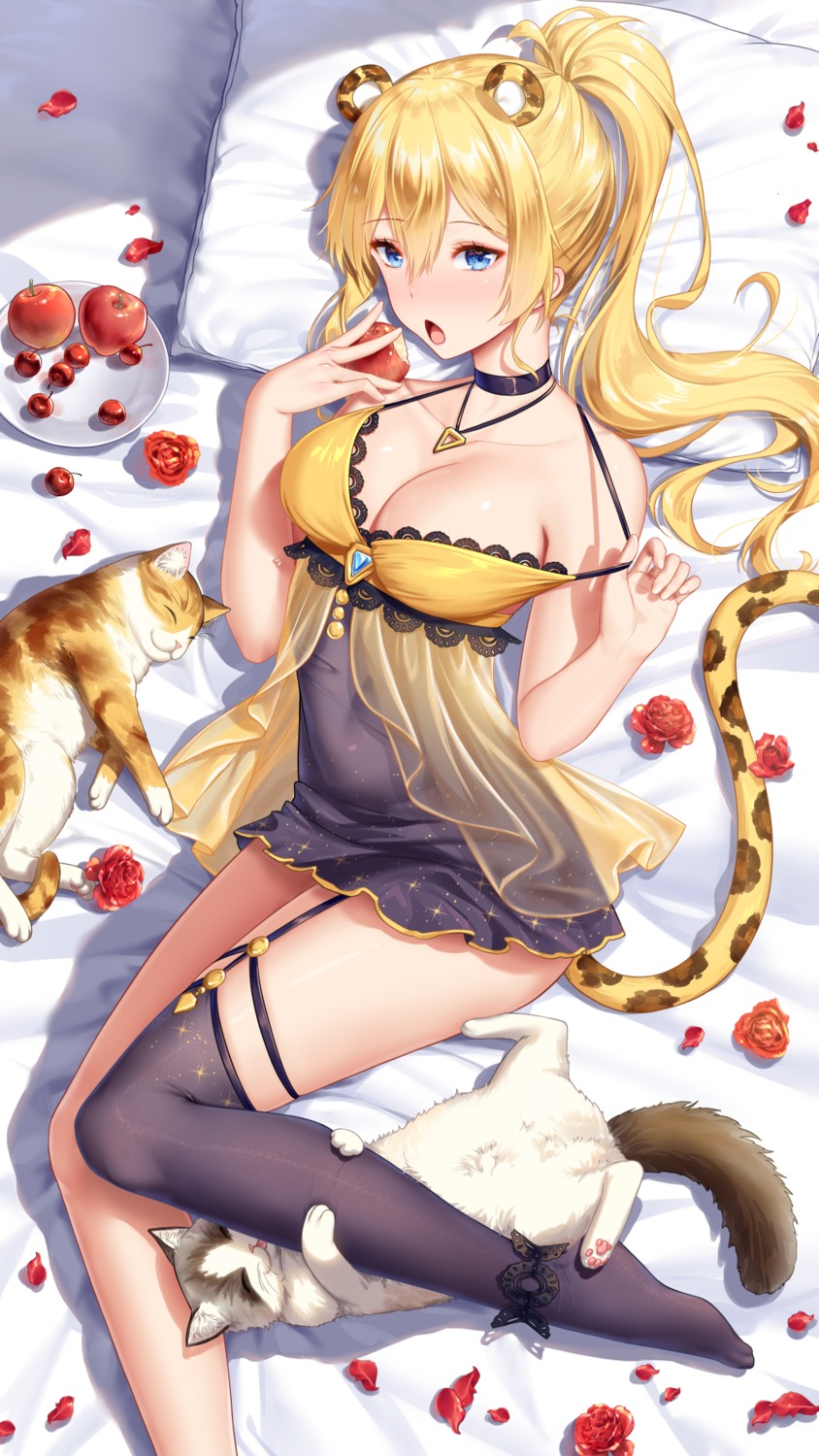 animal_ears cleavage girl_cafe_gun girl_cafe_gun_ii haneru juno_emmons neko no_bra stockings tail thighhighs undressing