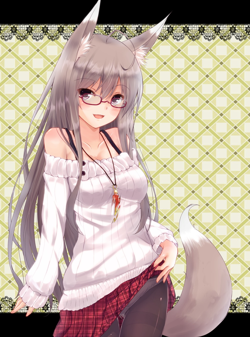 animal_ears kitsune megane pantsu pantyhose second_heaven skirt_lift tail