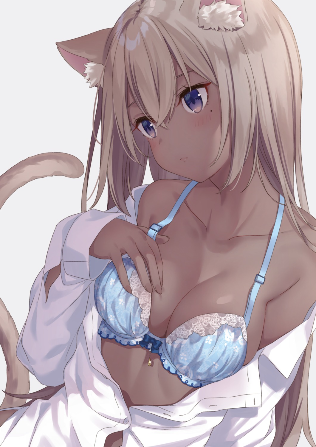 animal_ears bra breast_hold cleavage dress_shirt jimmy nekomimi open_shirt tail