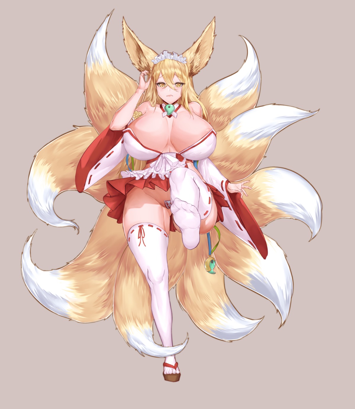 animal_ears areola erect_nipples feet kitsune maebari miko no_bra nopan skirt_lift tagme tail thighhighs