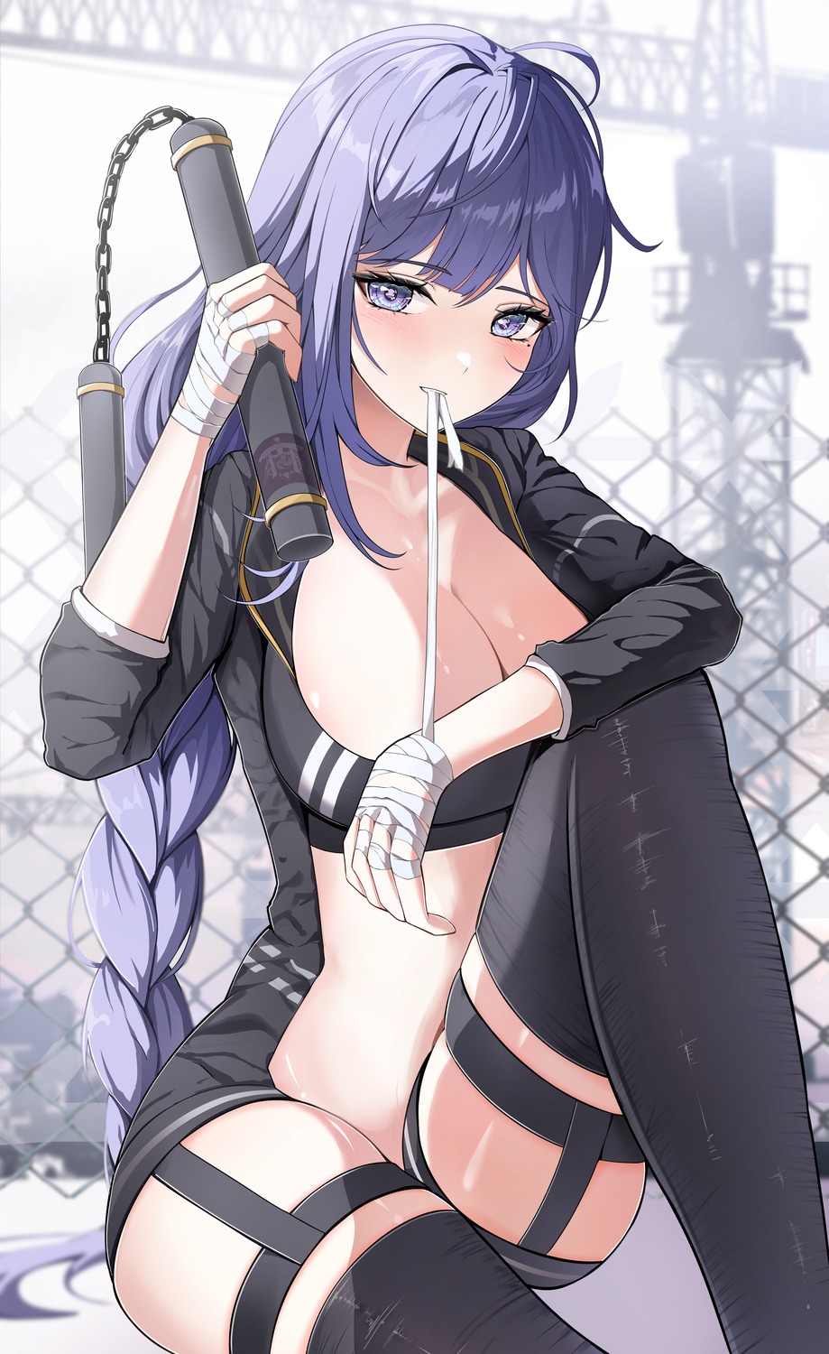 bandages garter genshin_impact no_bra raiden_shogun thighhighs weapon yeni