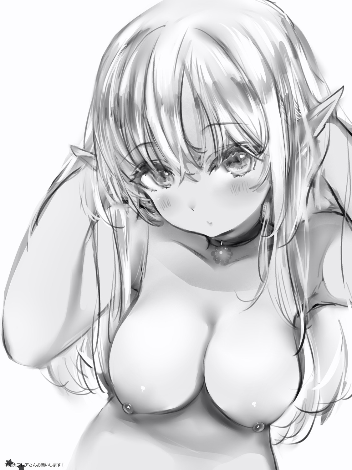 monochrome nanashi_(nlo74593630) nipples pointy_ears sketch topless