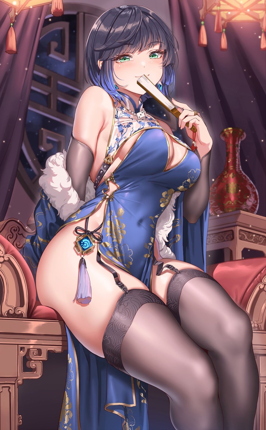 chinadress fangxiang_cuoluan genshin_impact no_bra see_through stockings thighhighs yelan