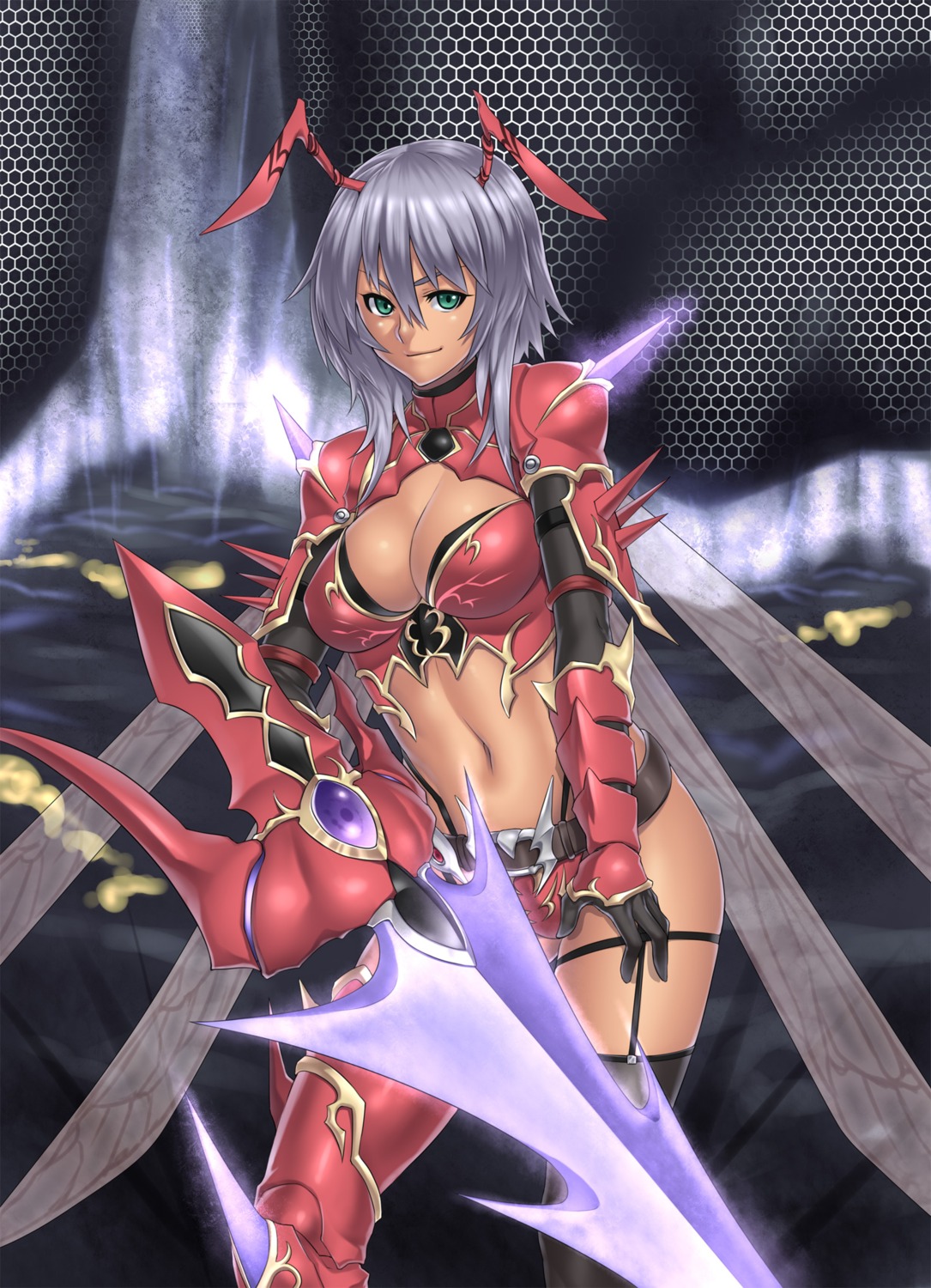 armor cleavage houtengeki sword thighhighs