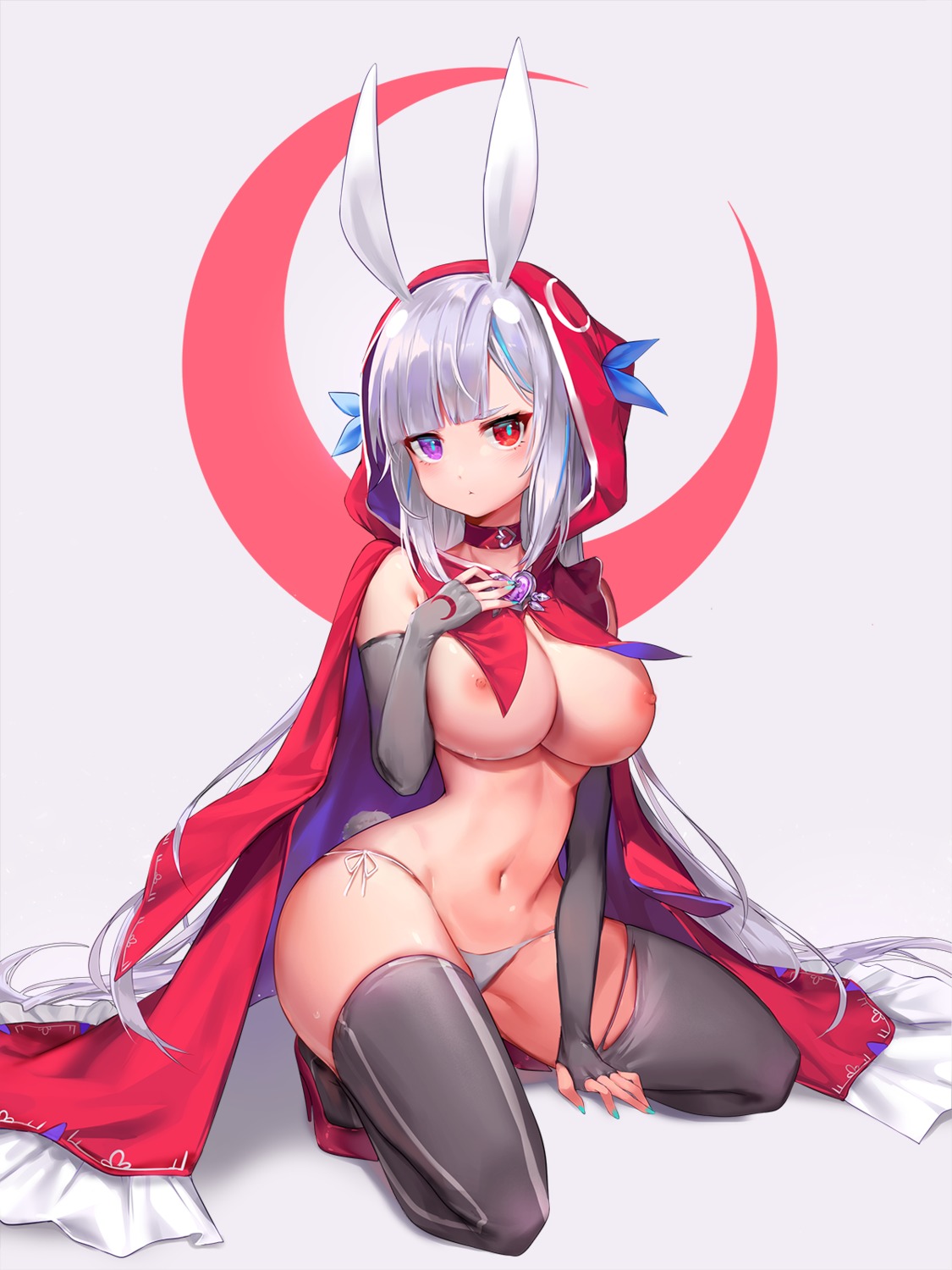 animal_ears bikini breasts bunny_ears heterochromia laevan last_origin nipples no_bra swimsuits tail thighhighs torn_clothes