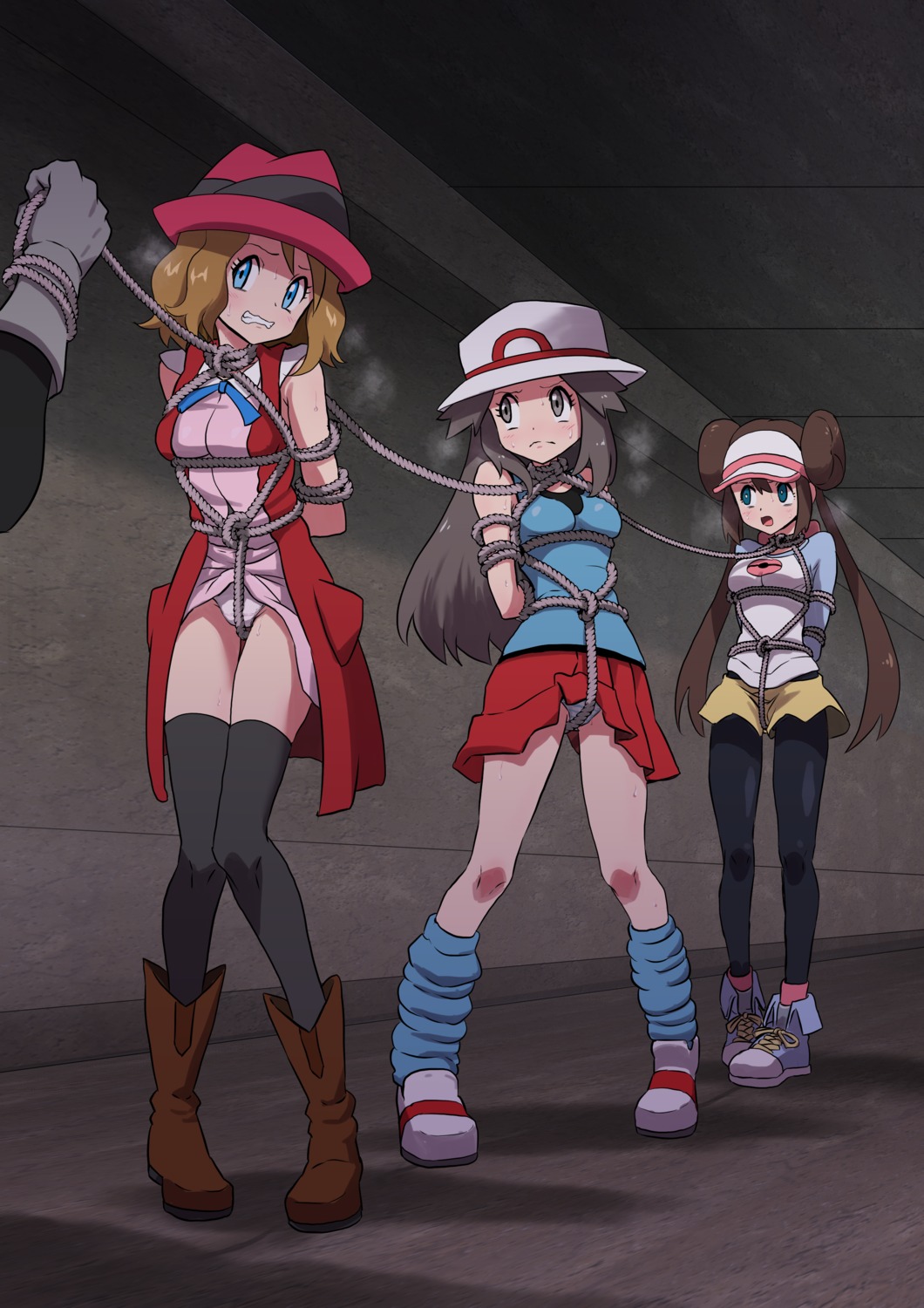 bondage kusugurijin leaf_(pokemon) mei_(pokemon) pantsu pantyhose pokemon pokemon_b2w2 pokemon_frlg pokemon_xy serena_(pokemon) skirt_lift thighhighs