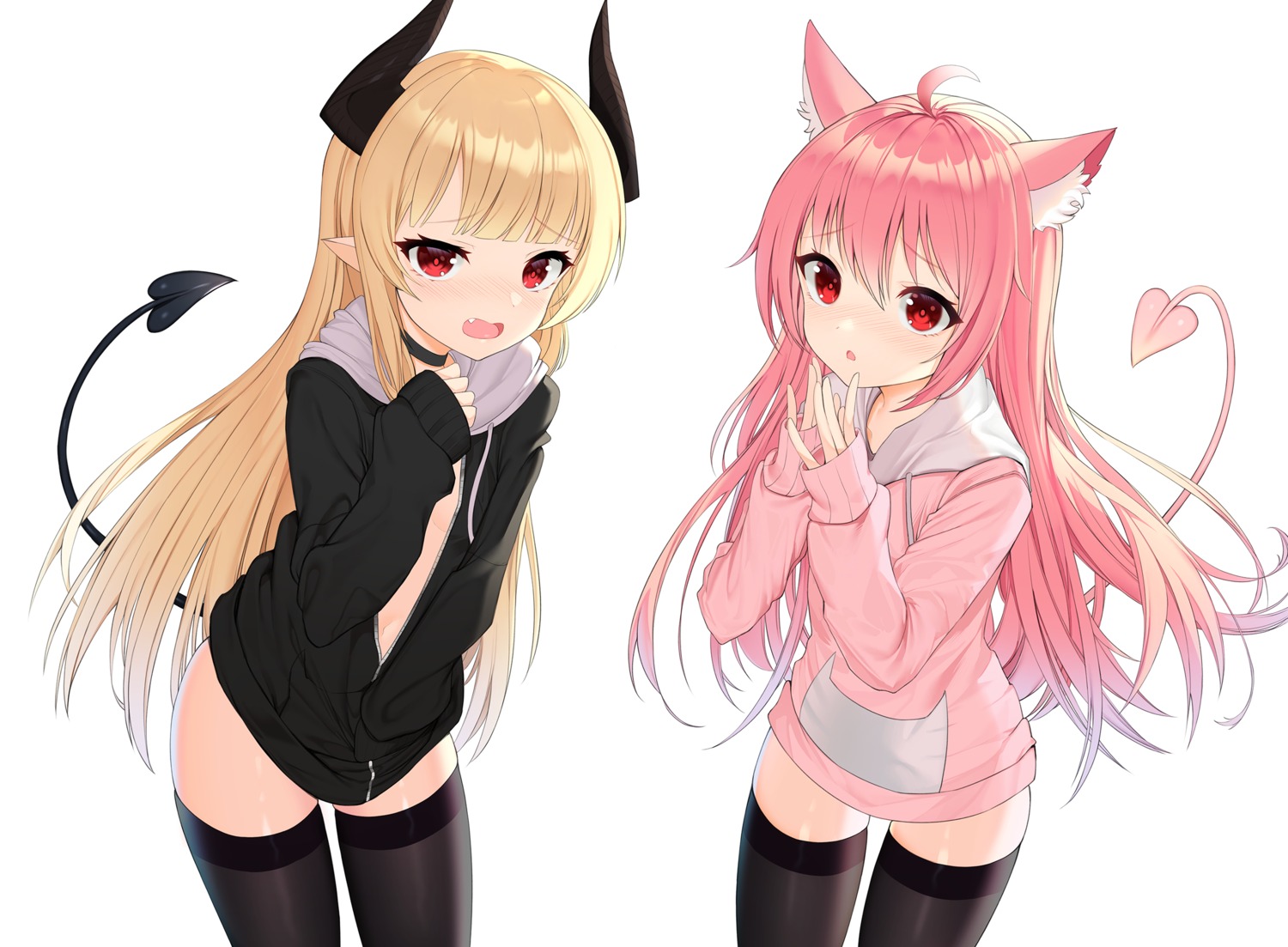 animal_ears horns no_bra open_shirt pointy_ears tail thighhighs topu