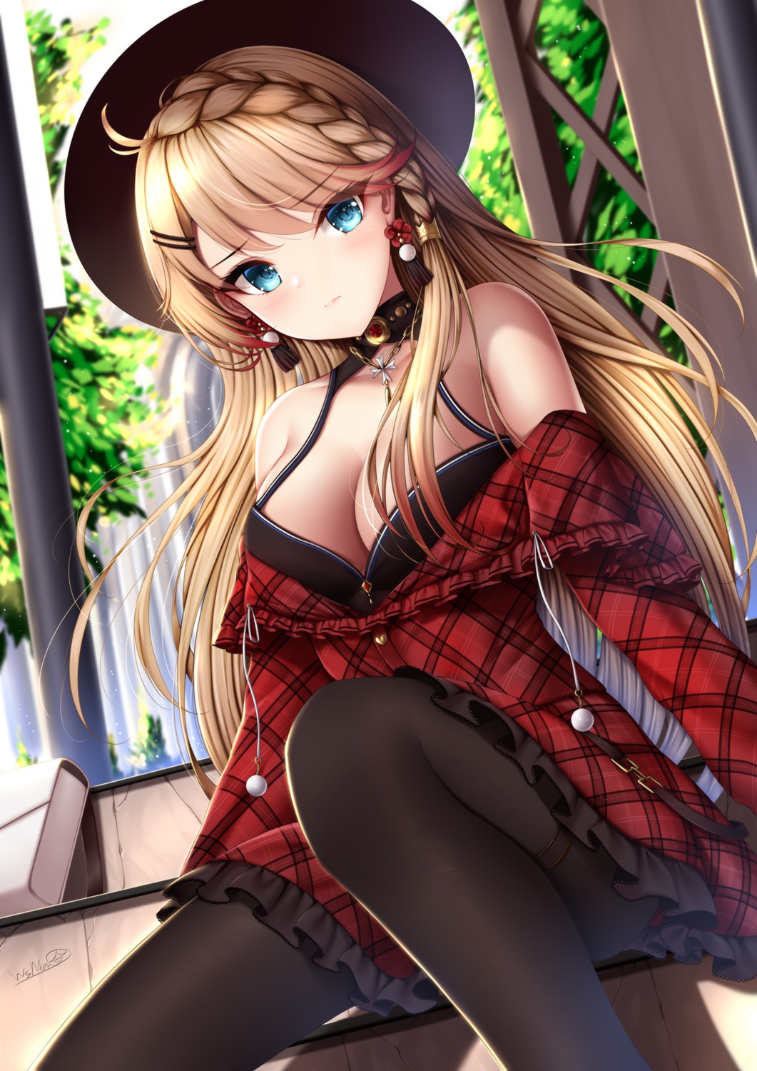 azur_lane cleavage howe_(azur_lane) no_bra pantyhose skirt_lift wsman