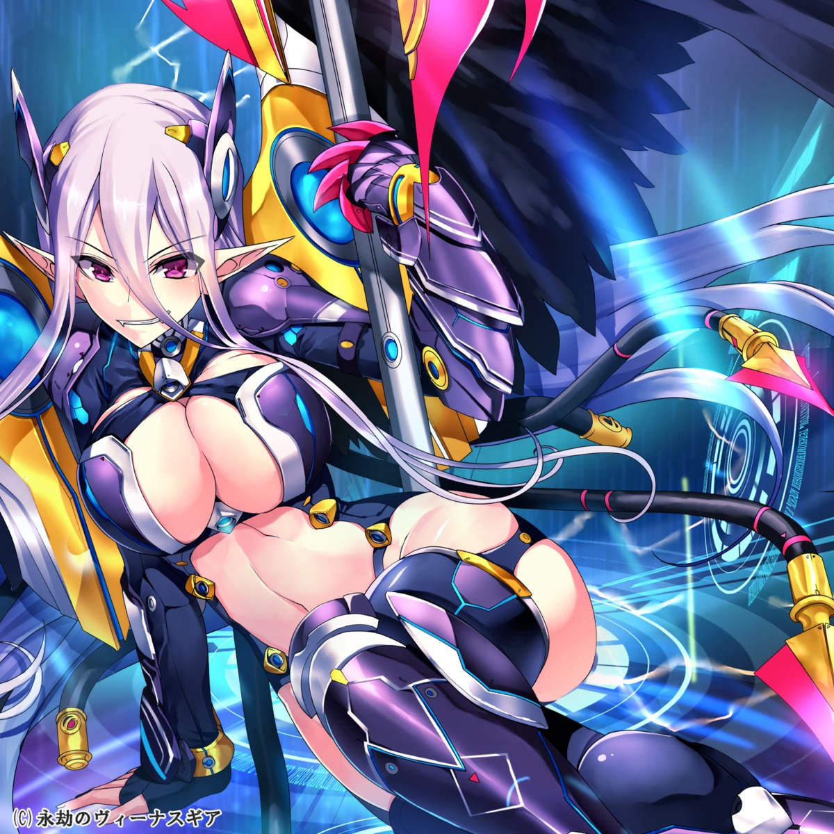 cleavage eigou_no_venus_gear no_bra pointy_ears stockings sword thighhighs wings yamacchi