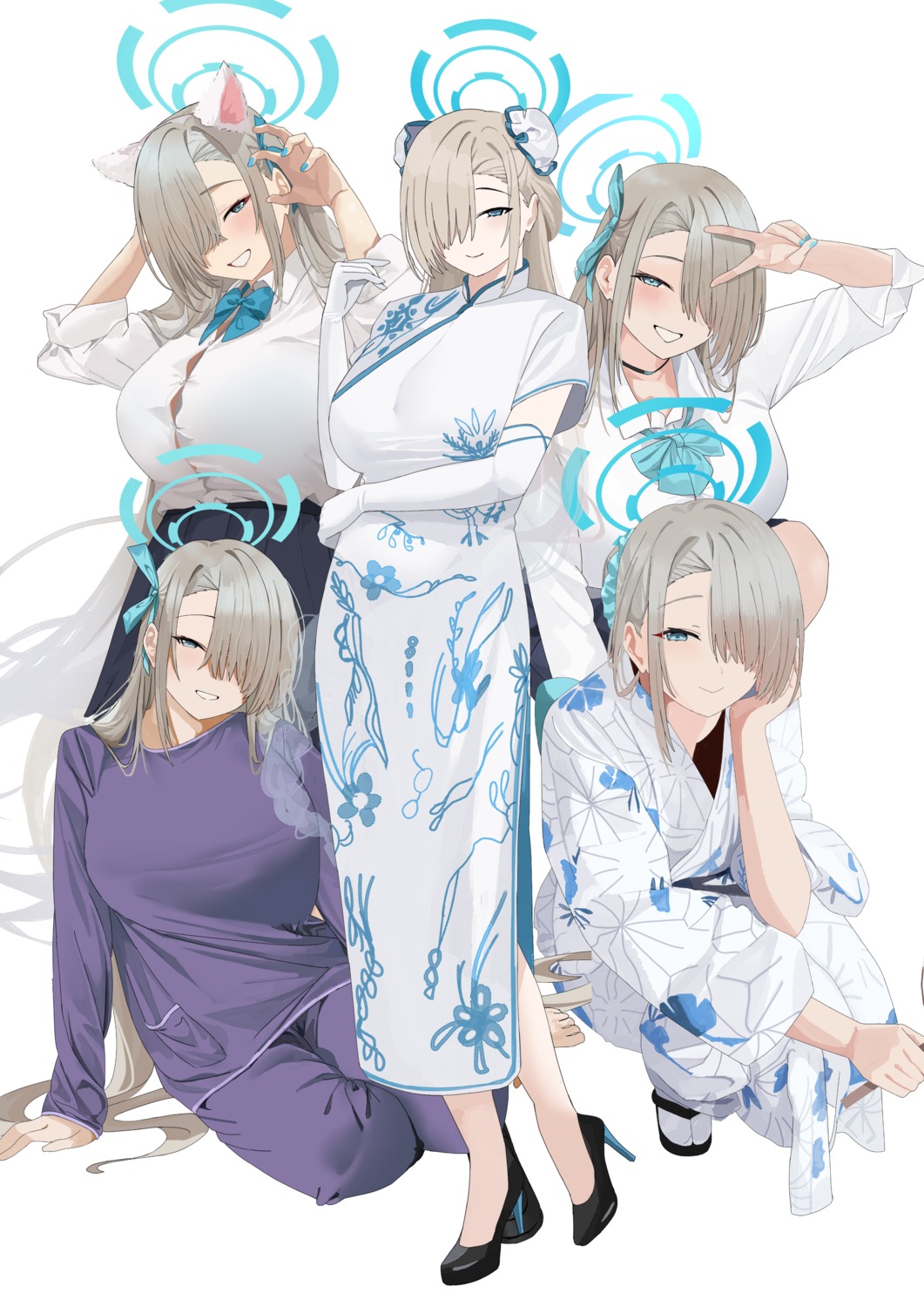 animal_ears blue_archive chinadress halo heels ichinose_asuna nekomimi pajama seifuku tnr_(horiko1525) yukata