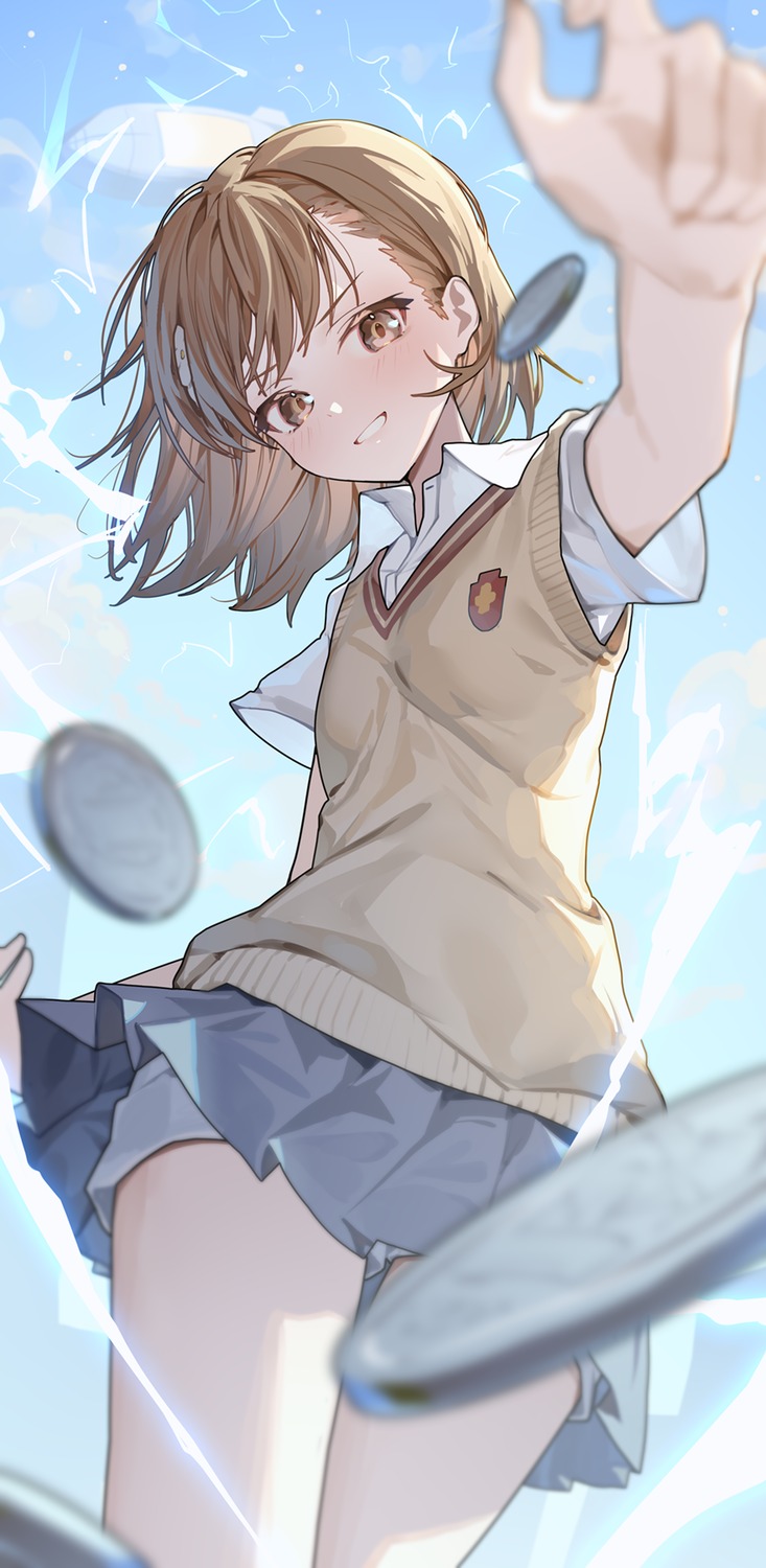 misaka_mikoto ningen_mame seifuku skirt_lift sweater toaru_kagaku_no_railgun toaru_majutsu_no_index