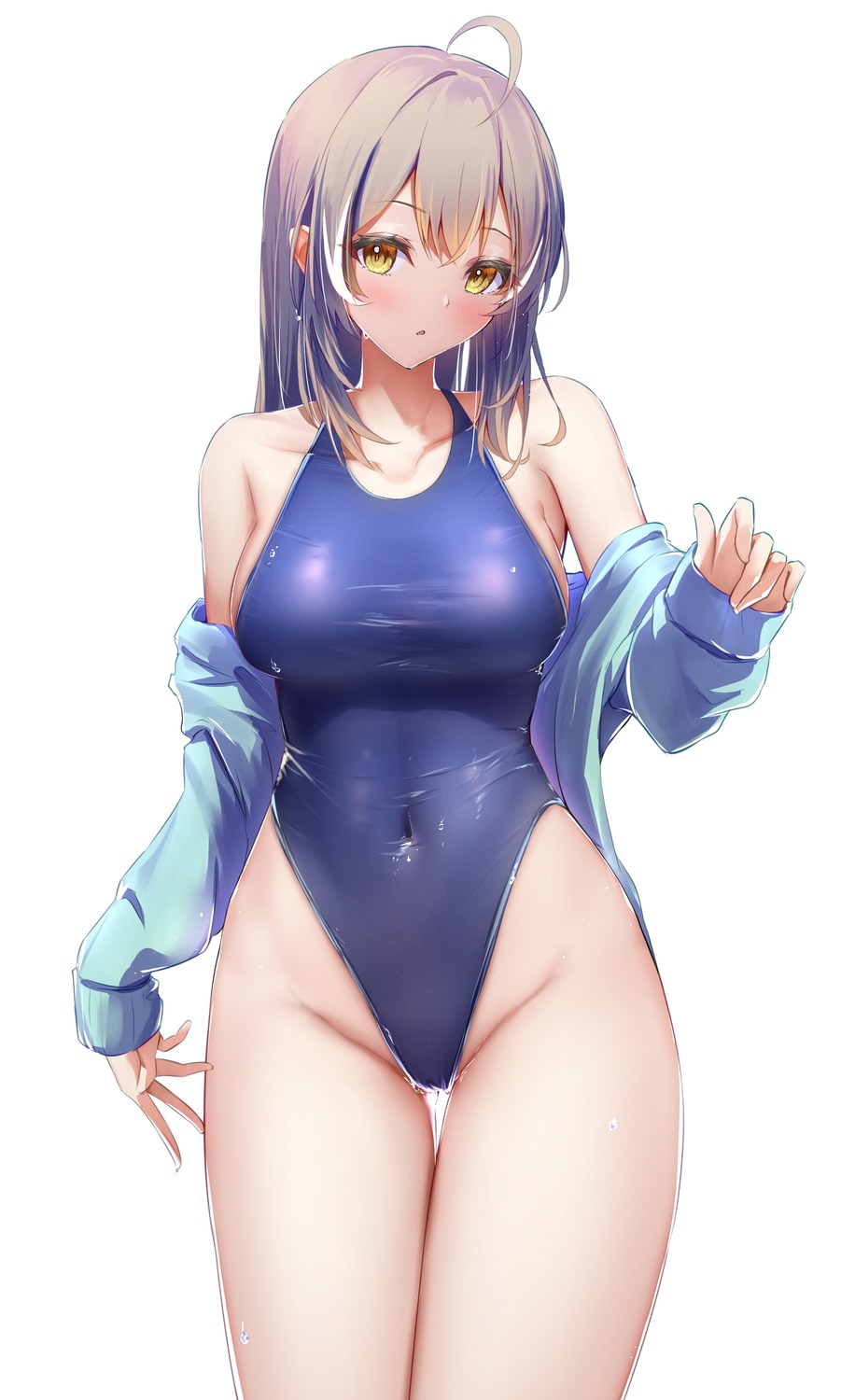 hololive hololive_english kon_(07263545) nanashi_mumei open_shirt swimsuits