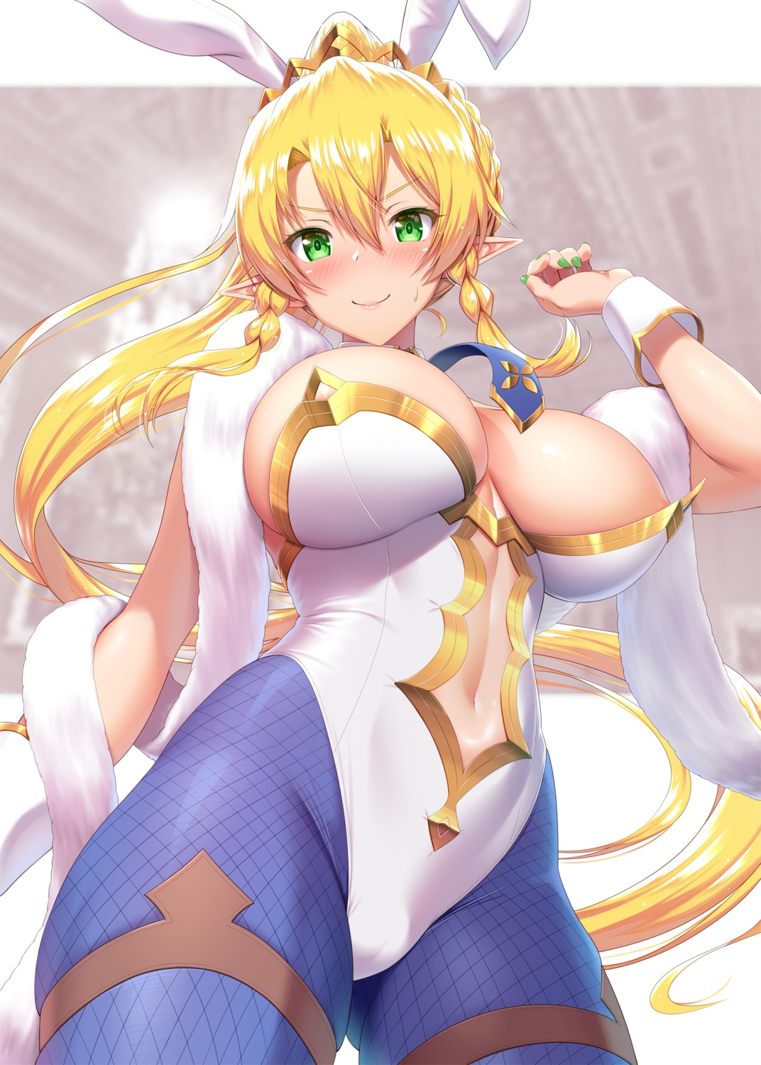 animal_ears areola artist_revision artoria_pendragon_(lancer) bunny_ears bunny_girl cameltoe cosplay fate/grand_order fishnets garter kawase_seiki leafa no_bra pantyhose pointy_ears sword_art_online wardrobe_malfunction