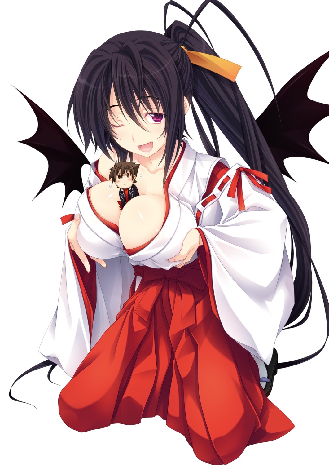 breast_hold chibi cleavage devil highschool_dxd himejima_akeno hyoudou_issei jpeg_artifacts miko miyama-zero seifuku wings