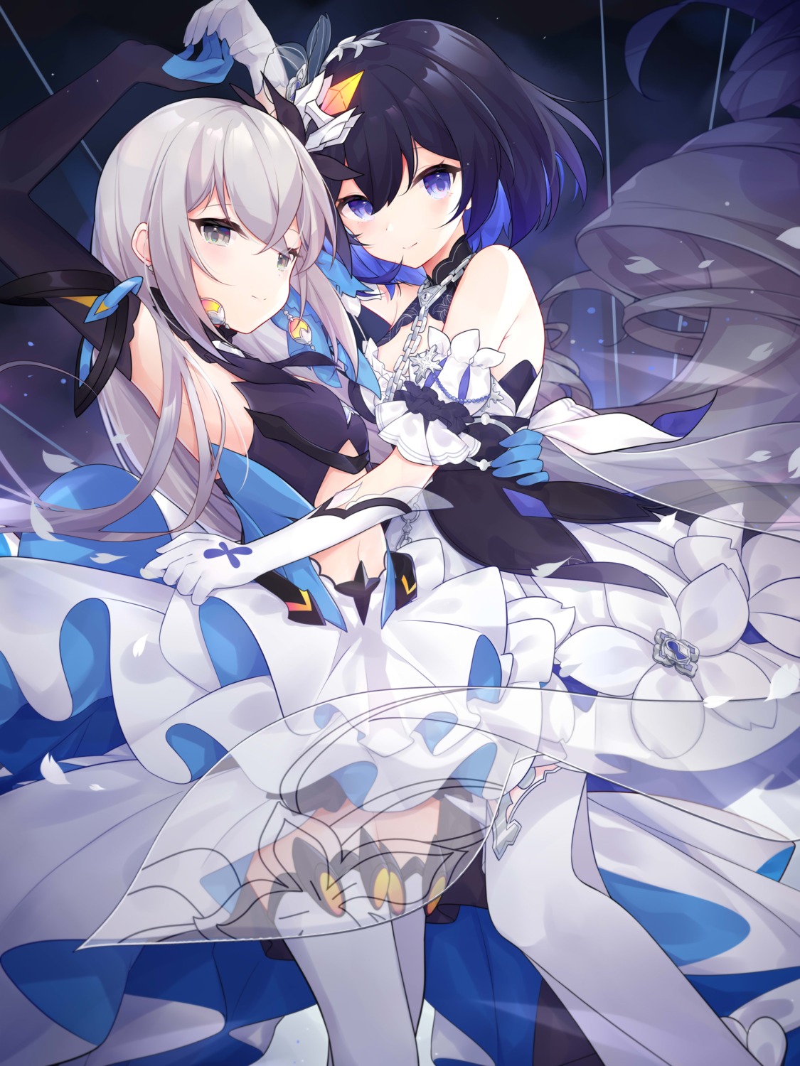 benghuai_xueyuan bronya_zaychik dress eta honkai_impact see_through seele_vollerei skirt_lift thighhighs yuri