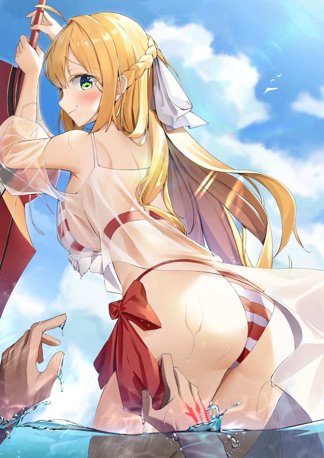 ass bikini fate/grand_order kuse_(0201) saber_extra see_through swimsuits sword tattoo thong wet