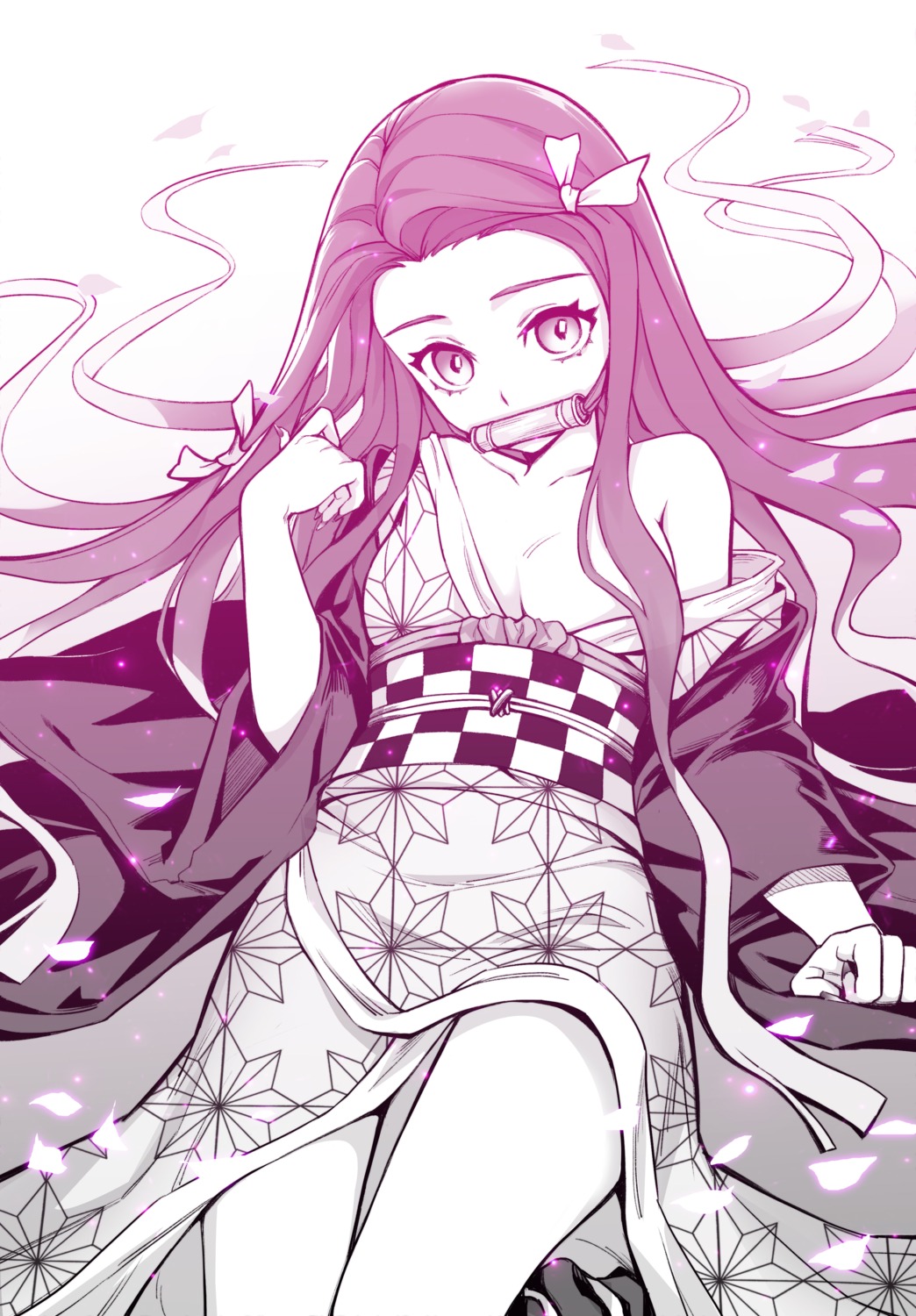 breasts helen_roro japanese_clothes kamado_nezuko kimetsu_no_yaiba monochrome no_bra open_shirt