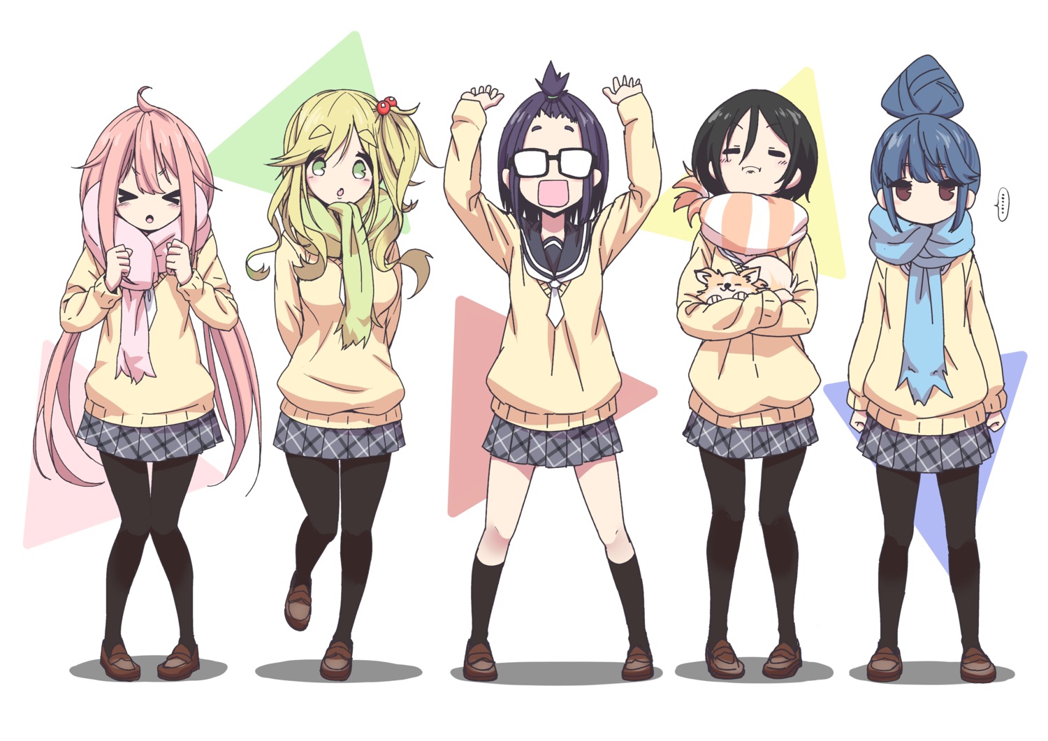 inuyama_aoi kagamihara_nadeshiko megane n2midori oogaki_chiaki pantyhose saitou_ena seifuku shima_rin sweater yurucamp