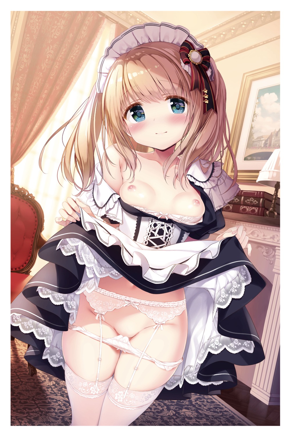 bra breasts garter_belt kimishima_ao lingerie maid momoi_saki nipples open_shirt pantsu panty_pull skirt_lift stockings thighhighs