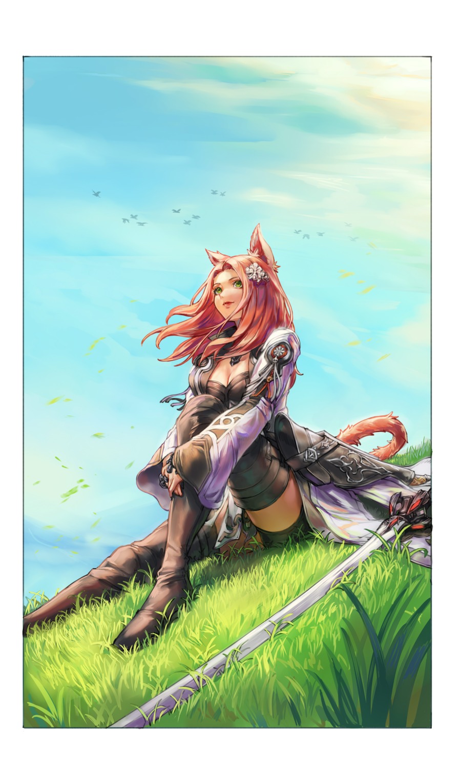 animal_ears final_fantasy final_fantasy_xiv miqo'te nekomimi seneka_grafika sword tail thighhighs