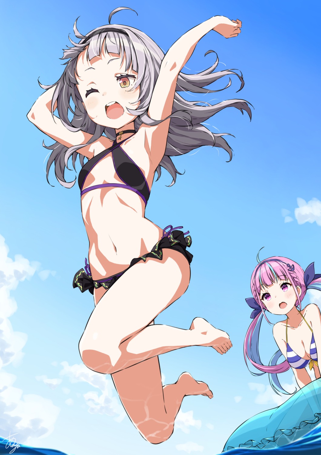 asanaya bikini cleavage feet hololive loli minato_aqua murasaki_shion skirt_lift swimsuits