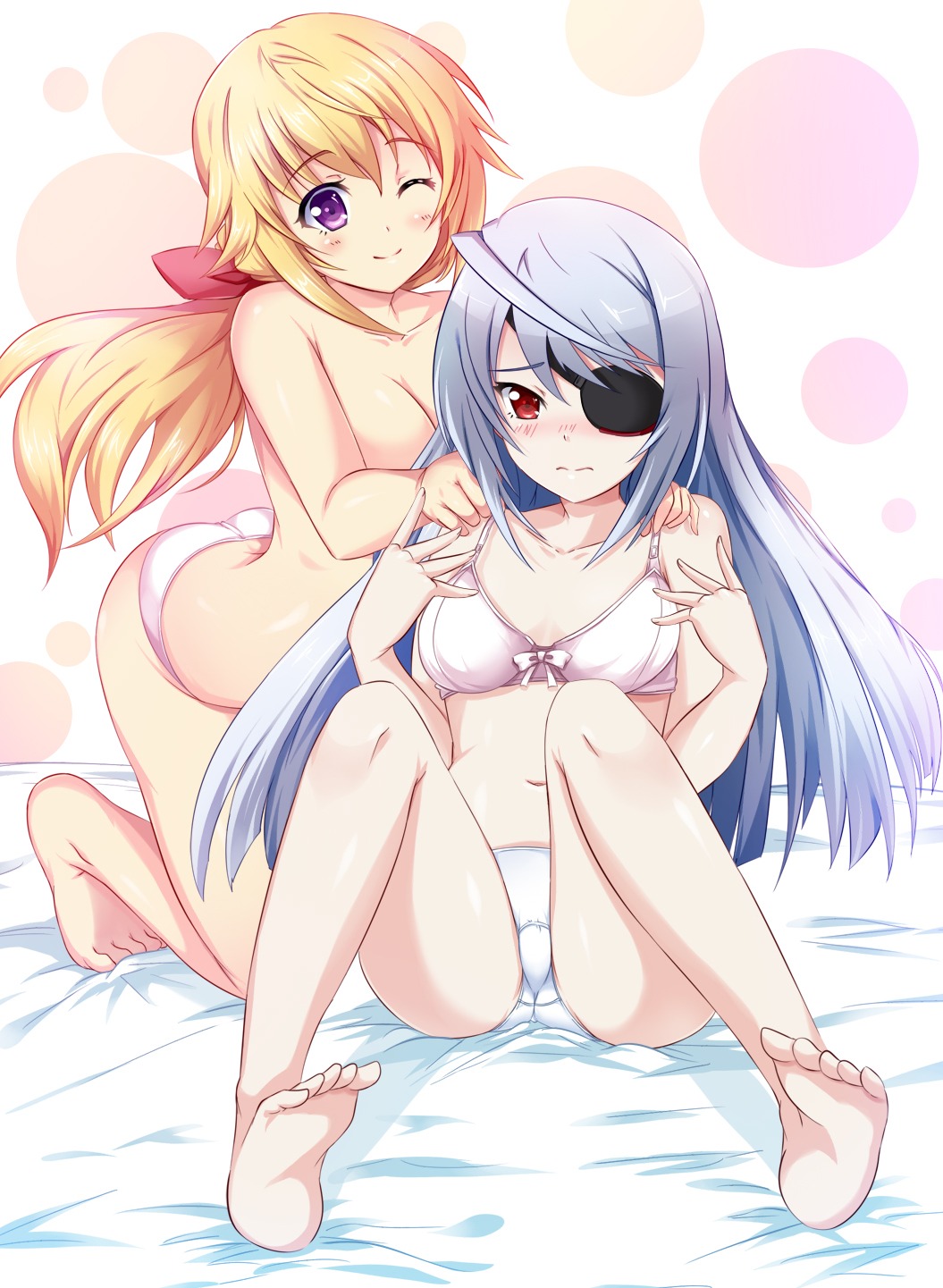 bra charlotte_dunois eyepatch feet hinata_sora infinite_stratos laura_bodewig pantsu topless