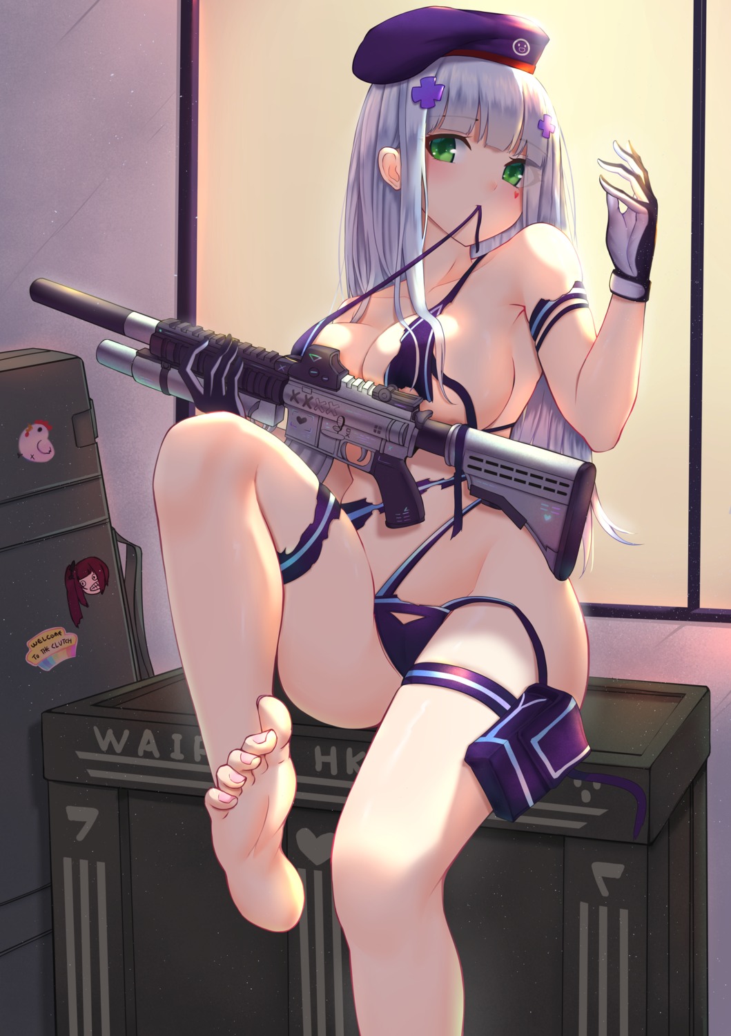 bikini feet garter girls_frontline gun hk416_(girls_frontline) panty_pull popoman swimsuits torn_clothes