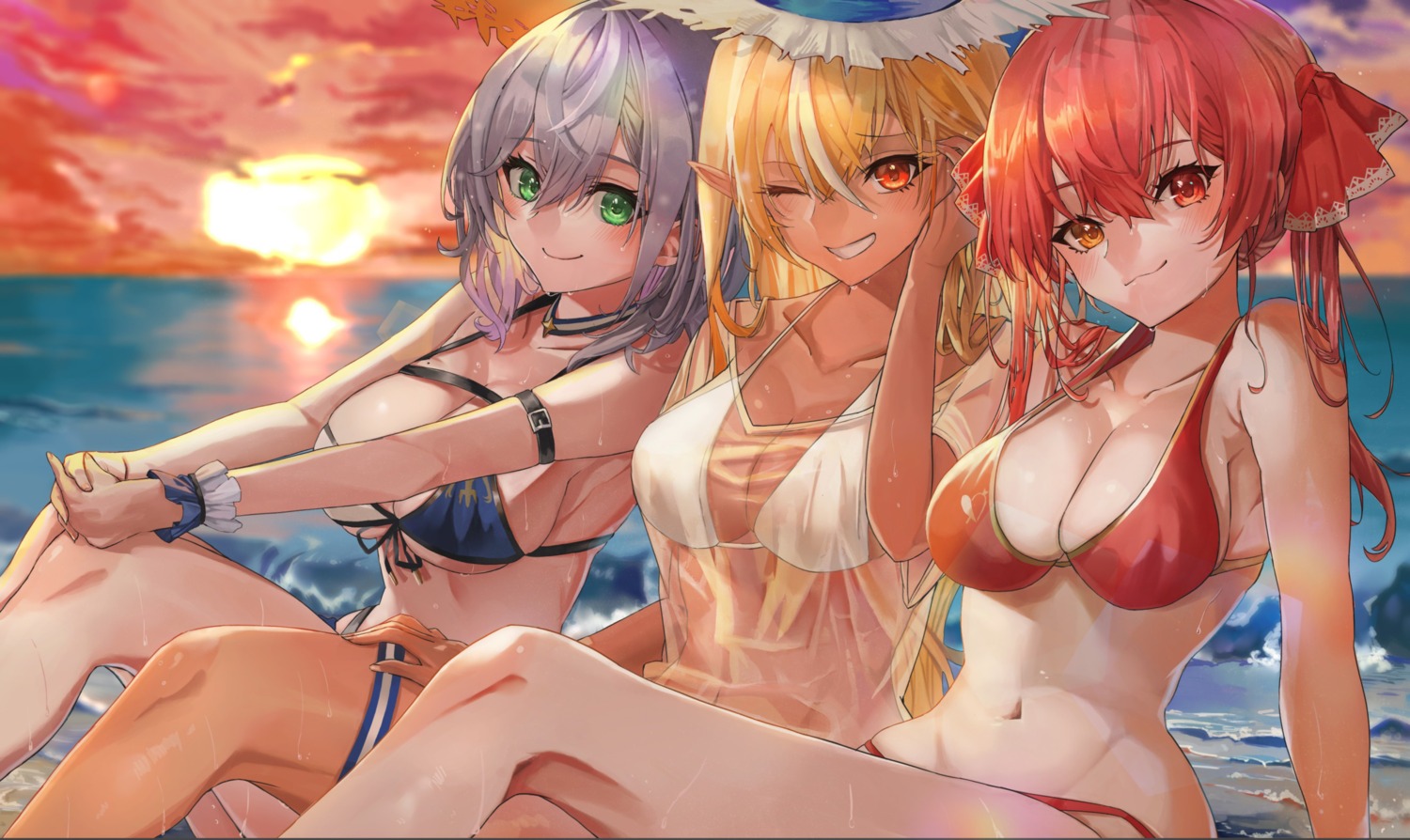 bikini cleavage elf garter heterochromia hololive houshou_marine pointy_ears sanada_keisui see_through shiranui_flare shirogane_noel swimsuits underboob